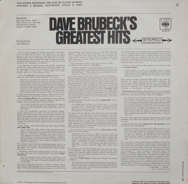 Dave Brubeck – Dave Brubeck's Greatest Hits - Afbeelding 2